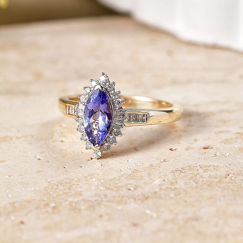 Luxoro Premium Tanzanite and Diamond I2 1.30 ctw Crown Marquise Ring in 10K Yellow Gold (Size 5.0)