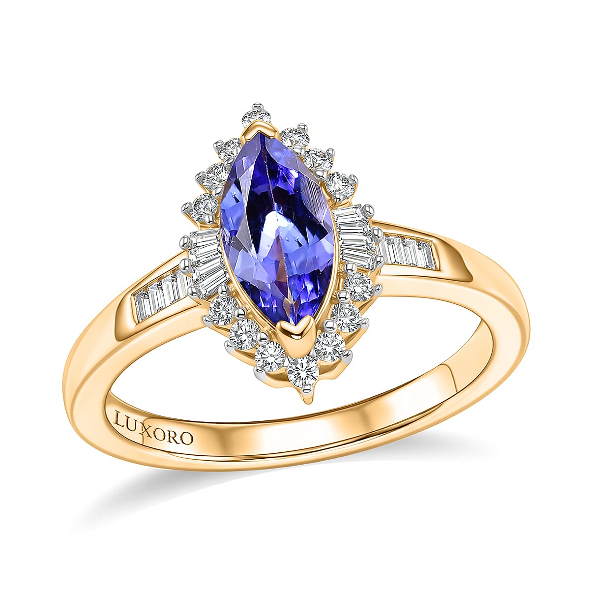 Luxoro Premium Tanzanite and Diamond I2 1.30 ctw Crown Marquise Ring in 10K Yellow Gold (Size 6.0)