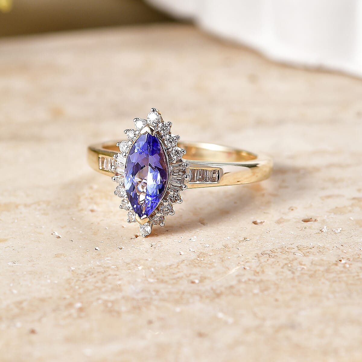 Luxoro Premium Tanzanite and Diamond I2 1.30 ctw Crown Marquise Ring in 10K Yellow Gold (Size 9.0) image number 1