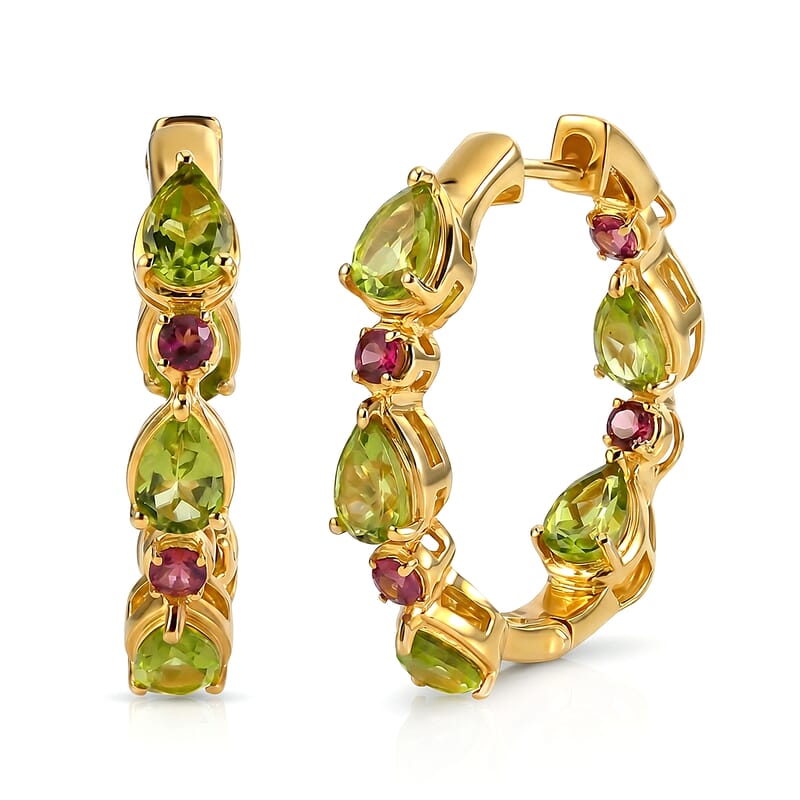 EverTrue Hebei Peridot and Orissa Rose Garnet 7.15 ctw Sunlit Blossom Hoop Earrings in 18K YG Plated