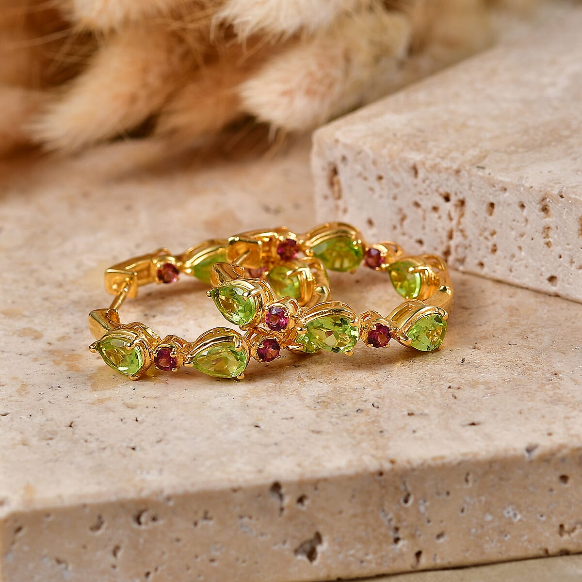 EverTrue Hebei Peridot and Orissa Rose Garnet 7.15 ctw Sunlit Blossom Hoop Earrings in 18K YG Plated (Ships in 8-10 Days) image number 1