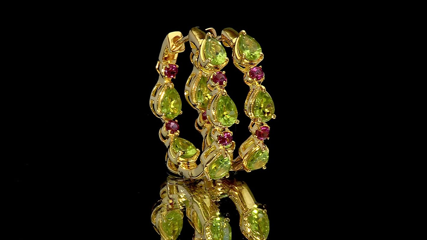 EverTrue Hebei Peridot, Orissa Rose Garnet Sunlit Blossom Hoop Earrings in 18K YG Plated 7.15 ctw
