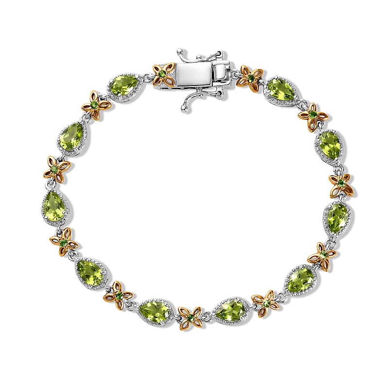 EverTrue Hebei Peridot and Chrome Diopside 4.60 ctw Sunlit Blossom Bracelet in 18K YG Plated (6.50 In)