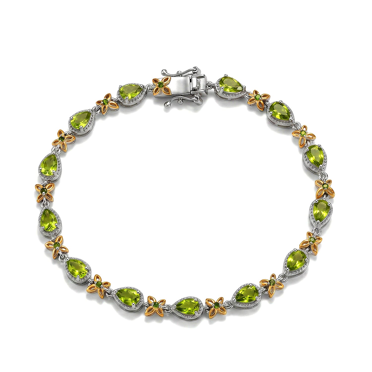 EverTrue Hebei Peridot and Chrome Diopside 5.90 ctw Sunlit Blossom Bracelet in Platinum Bond (8.00 In)