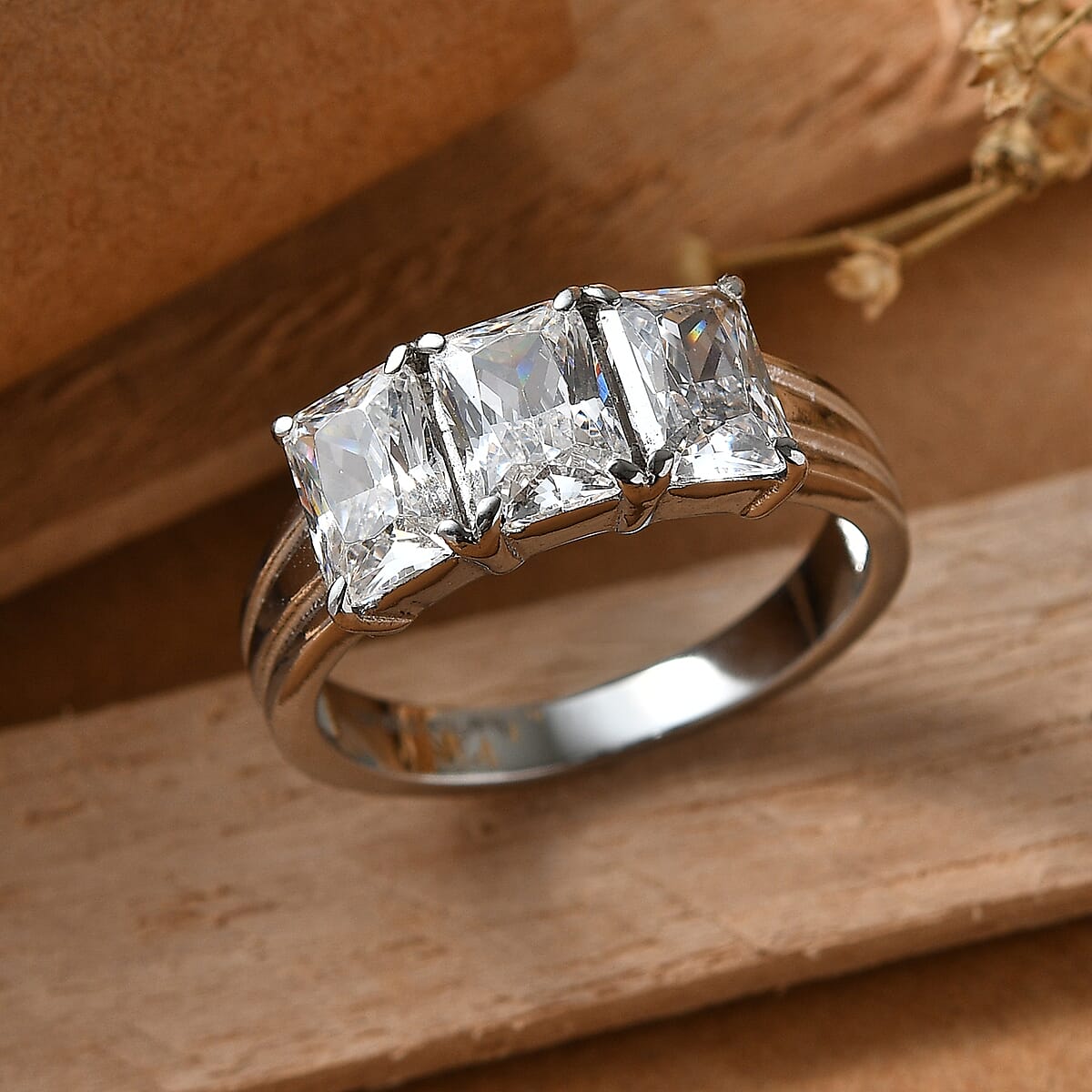 EverTrue Simulated Diamond 3 Stone Ring in Stainless Steel (Size 10.0) image number 1