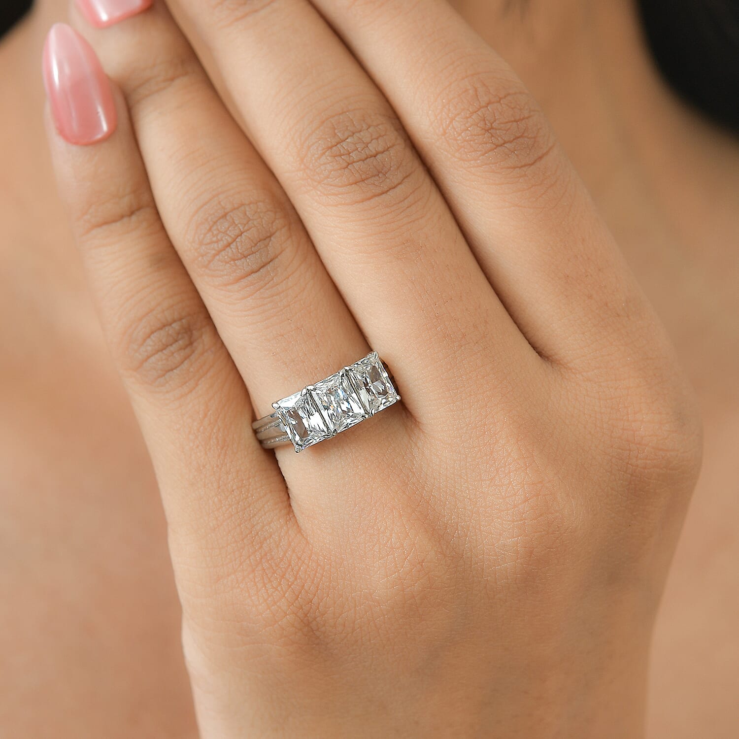 EverTrue Simulated Diamond 3 Stone Ring in Stainless Steel (Size 10.0)