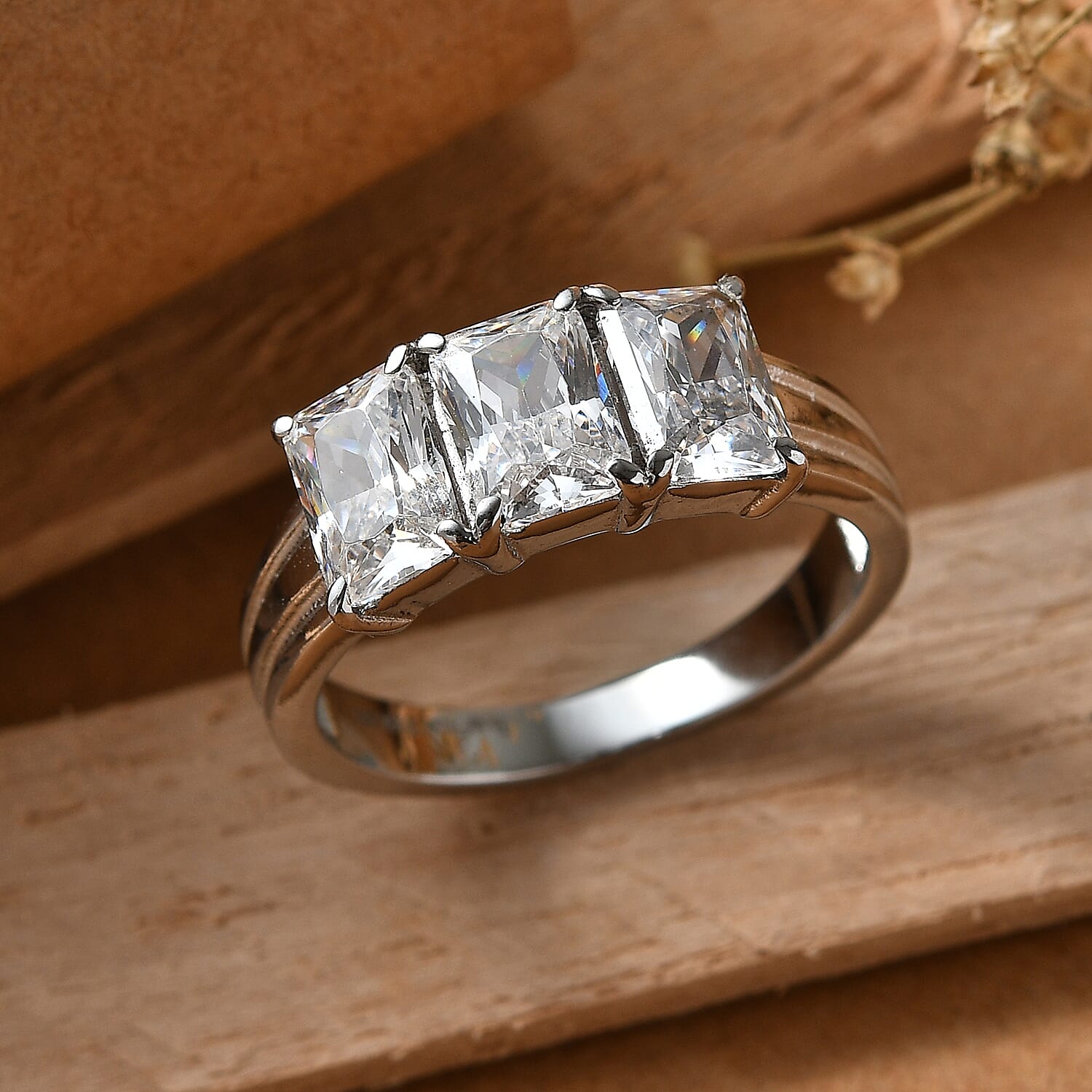 EverTrue Simulated Diamond 3 Stone Ring in Stainless Steel (Size 10.0) 5.20 ctw