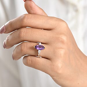 D'Joy Premium Moroccan Amethyst and Moissanite 3.00 ctw Regal Marquise Ring in 18K Vermeil YG and Rhodium Over Sterling Silver (Size 10.0)