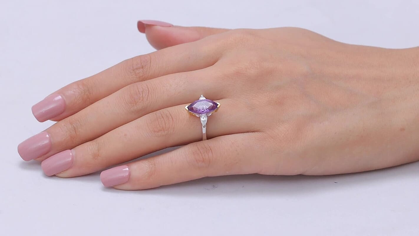 D'Joy Premium Moroccan Amethyst, Moissanite Ring in 18K Vermeil YG and Rhodium Over Sterling Silver (Size 10.0) 3.00 ctw