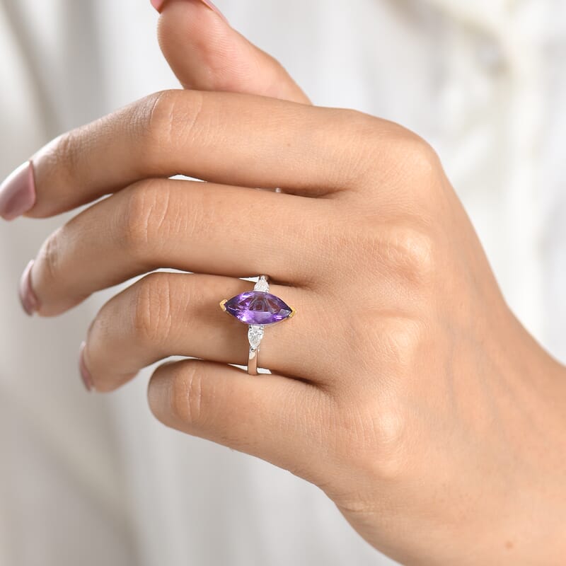 D'Joy Premium Moroccan Amethyst and Moissanite 3.00 ctw Regal Marquise Ring in 18K Vermeil YG and Rhodium Over Sterling Silver (Size 7.0)