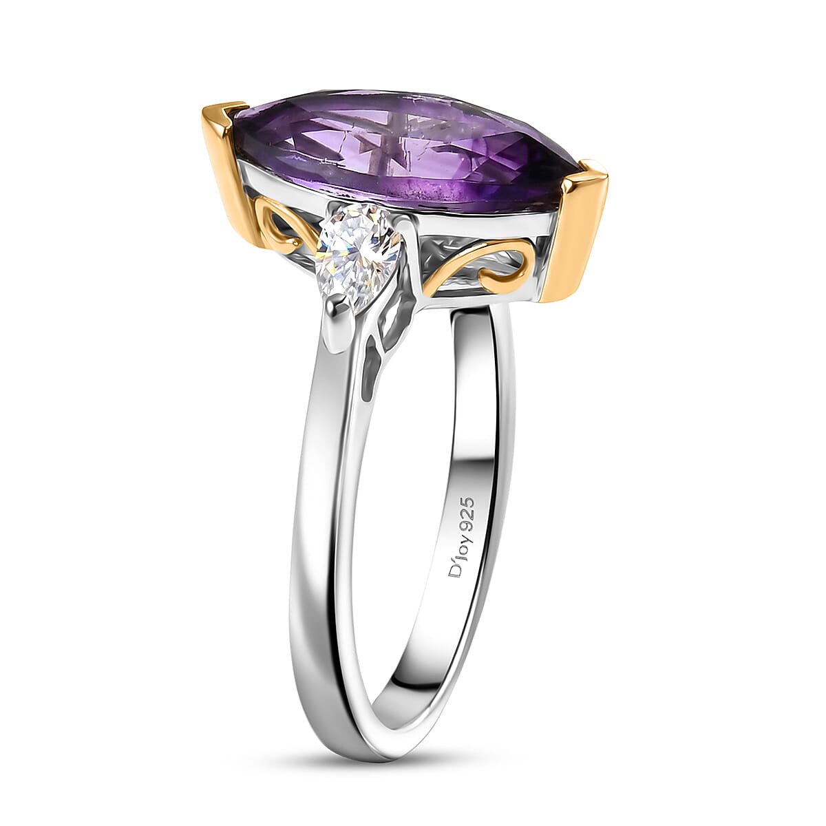 D'Joy Premium Moroccan Amethyst and Moissanite 3.00 ctw Regal Marquise Ring in 18K Vermeil YG and Rhodium Over Sterling Silver (Size 7.0)