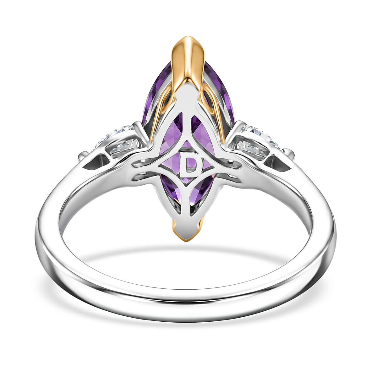 D'Joy Premium Moroccan Amethyst and Moissanite 3.00 ctw Regal Marquise Ring in 18K Vermeil YG and Rhodium Over Sterling Silver (Size 7.0)
