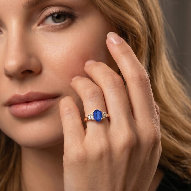 D'Joy Premium Kanchanaburi Blue Sapphire and Moissanite 0.70 ctw Ring in 18K Vermeil Rose Gold Sterling Silver (Size 10.0)