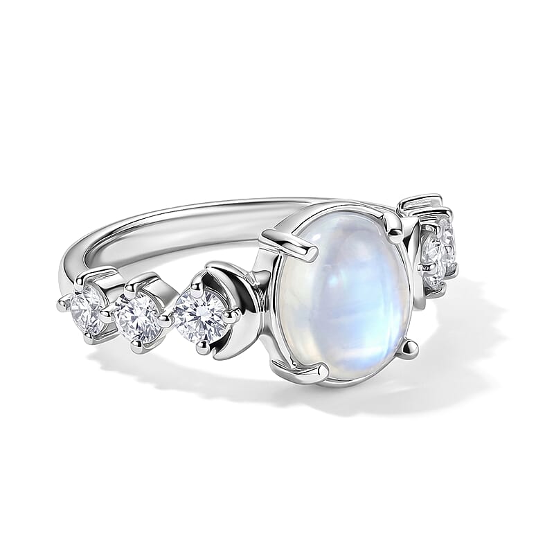 EverTrue Rainbow Moonstone and Moissanite 3.90 ctw Ring in Platinum Bond (Size 9.0)