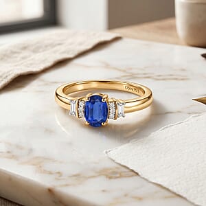 D'Joy Premium Kanchanaburi Blue Sapphire and Moissanite 0.70 ctw Ring in 18K Vermeil Yellow Gold Over Sterling Silver (Size 6.5)