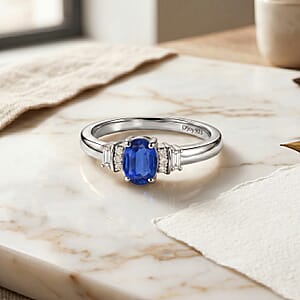 D'Joy Premium Kanchanaburi Blue Sapphire and Moissanite 0.70 ctw Ring in Rhodium Over Sterling Silver (Size 7.0)