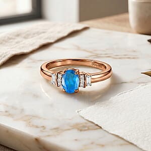 D'Joy Premium Malgache Neon Apatite and Moissanite 0.60 ctw Ring in 18K Vermeil Rose Gold Over Sterling Silver (Size 5.5)