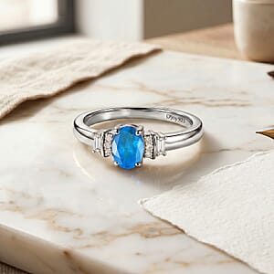 D'Joy Premium Malgache Neon Apatite and Moissanite 0.60 ctw Ring in Rhodium Over Sterling Silver (Size 5.0)