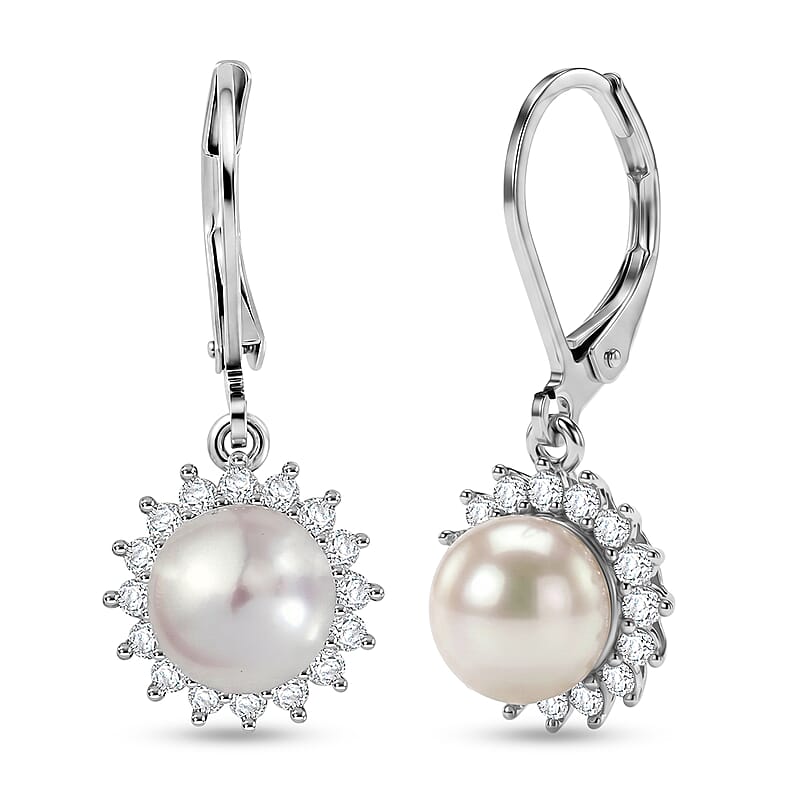 EverTrue Freshwater Pearl and Moissanite 0.50 ctw Starlight Pearl Earrings in Platinum Bond