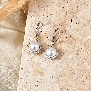 EverTrue Fresh Water Pearl and Moissanite 0.50 ctw Earrings in Platinum Bond