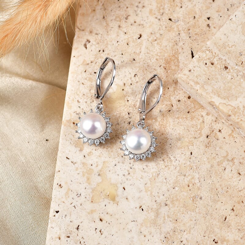 EverTrue Freshwater Pearl and Moissanite 0.50 ctw Starlight Pearl Earrings in Platinum Bond