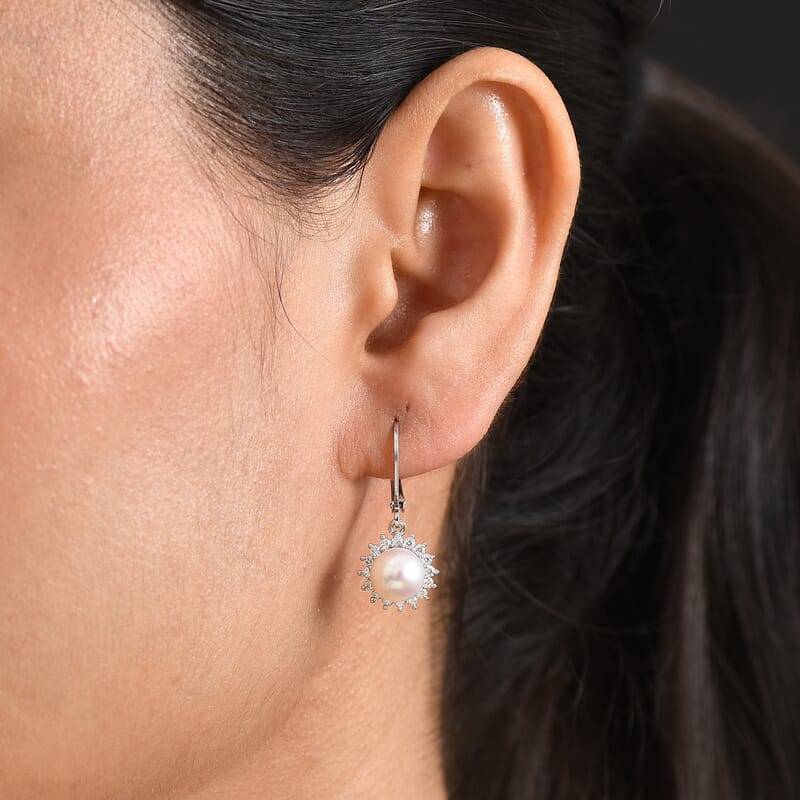 EverTrue Freshwater Pearl and Moissanite 0.50 ctw Starlight Pearl Earrings in Platinum Bond