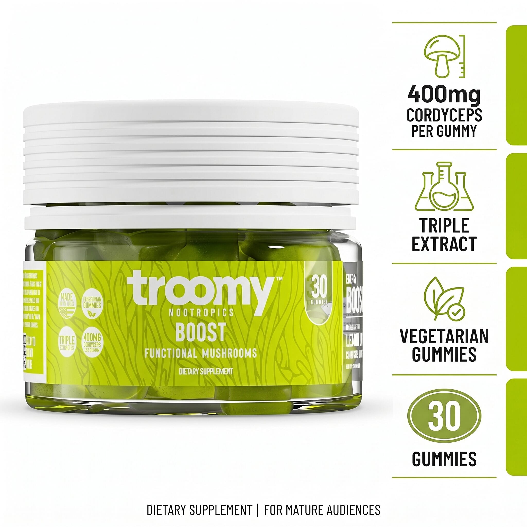 Troomy Nootropics Boost Cordyceps Supplement (60 Lemon Lime Gummies) Made in US