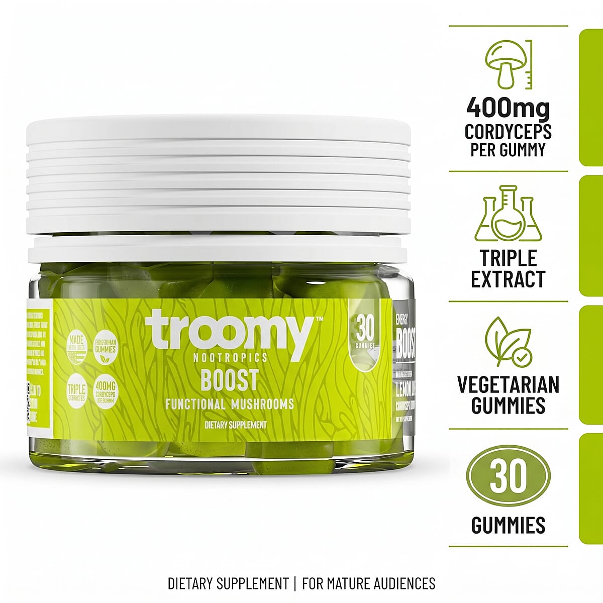 Troomy Nootropics Boost Cordyceps Supplement (60 Lemon Lime Gummies) Made in US image number 2