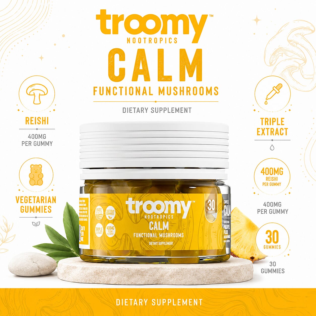 Troomy Nootropics Calm Reishi Supplement (60 Pineapple Peach Gummies) Made in US