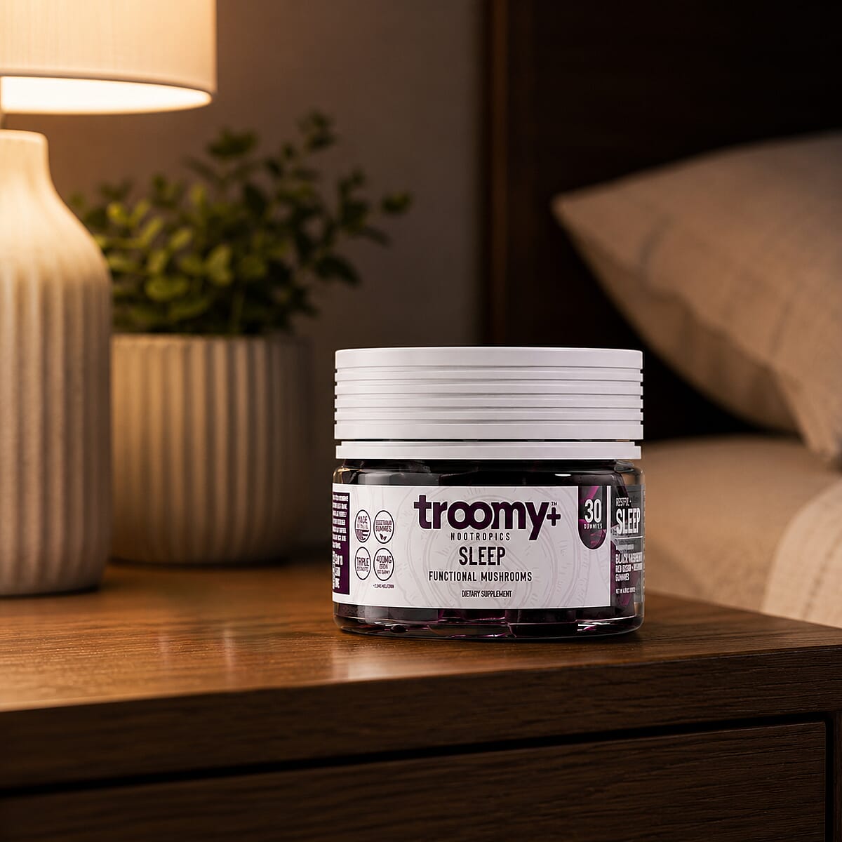 Troomy Nootropics Sleep Reishi & Melatonin Supplement (60 Black Raspberry Gummies) Made in US image number 1