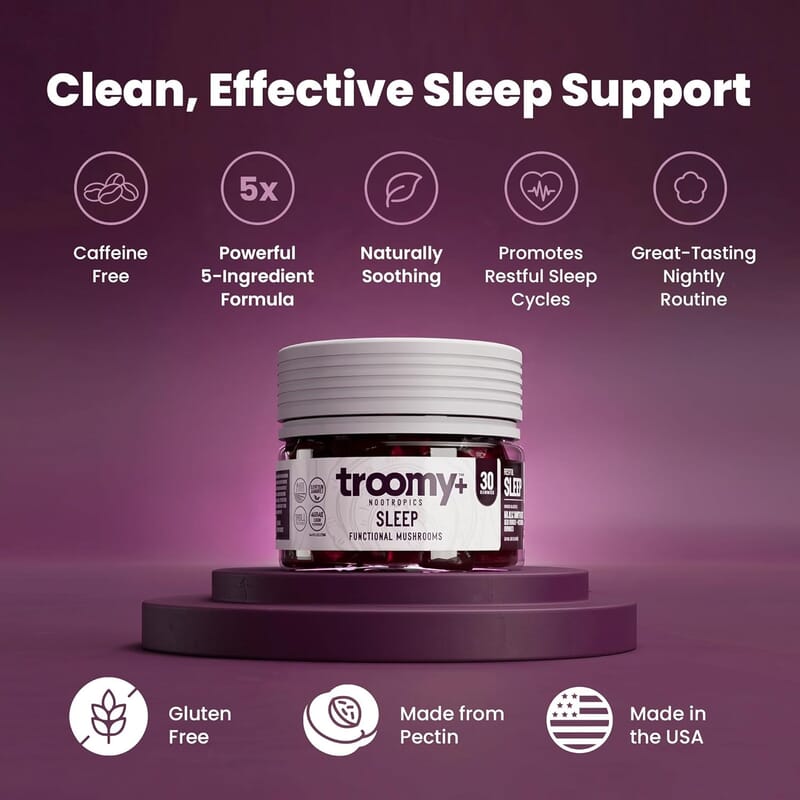 Troomy Nootropics Sleep Reishi & Melatonin Supplement (60 Black Raspberry Gummies) Made in US