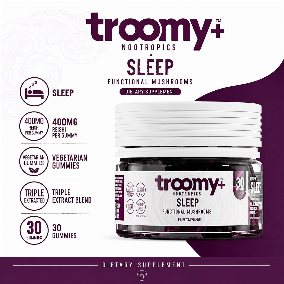 Troomy Nootropics Sleep Reishi & Melatonin Supplement (60 Black Raspberry Gummies) Made in US image number 2