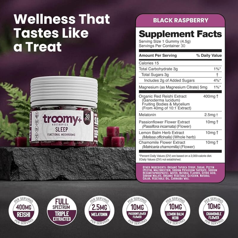 Troomy Nootropics Sleep Reishi & Melatonin Supplement (60 Black Raspberry Gummies) Made in US