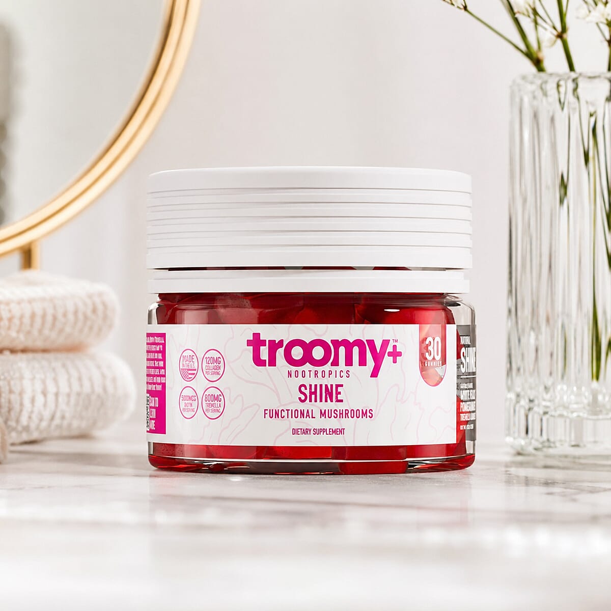 Troomy Nootropics Shine Tremella, Biotin, & Collagen Supplement (60 White Peach Pomegranate Gummies) Made in US image number 1