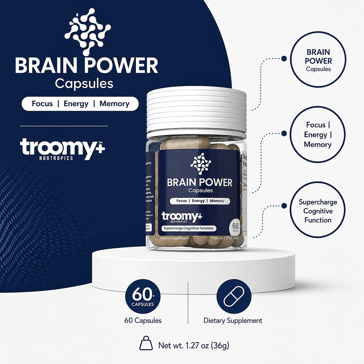 Troomy Brain Power Cognitive Function Supplement (60 Capsules) Made in US image number 2