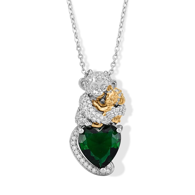 Simulated Diopside and Simulated Diamond 0.50 ctw Monkey with Baby Love Necklace in Dualtone 20-22 Inches