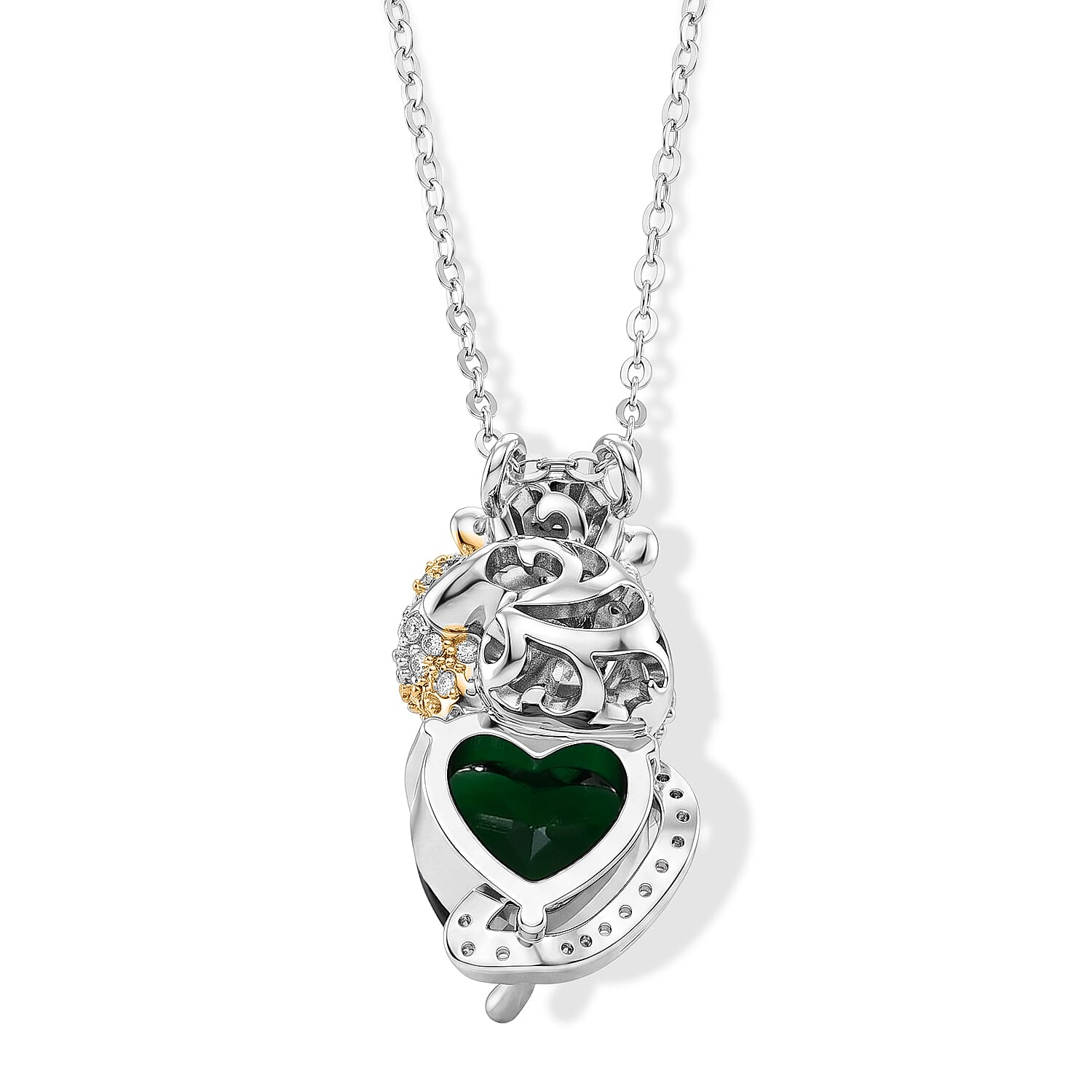 Green Glass and Simulated Diamond 0.50 ctw Monkey with Baby Love Necklace in Dualtone 20-22 Inches