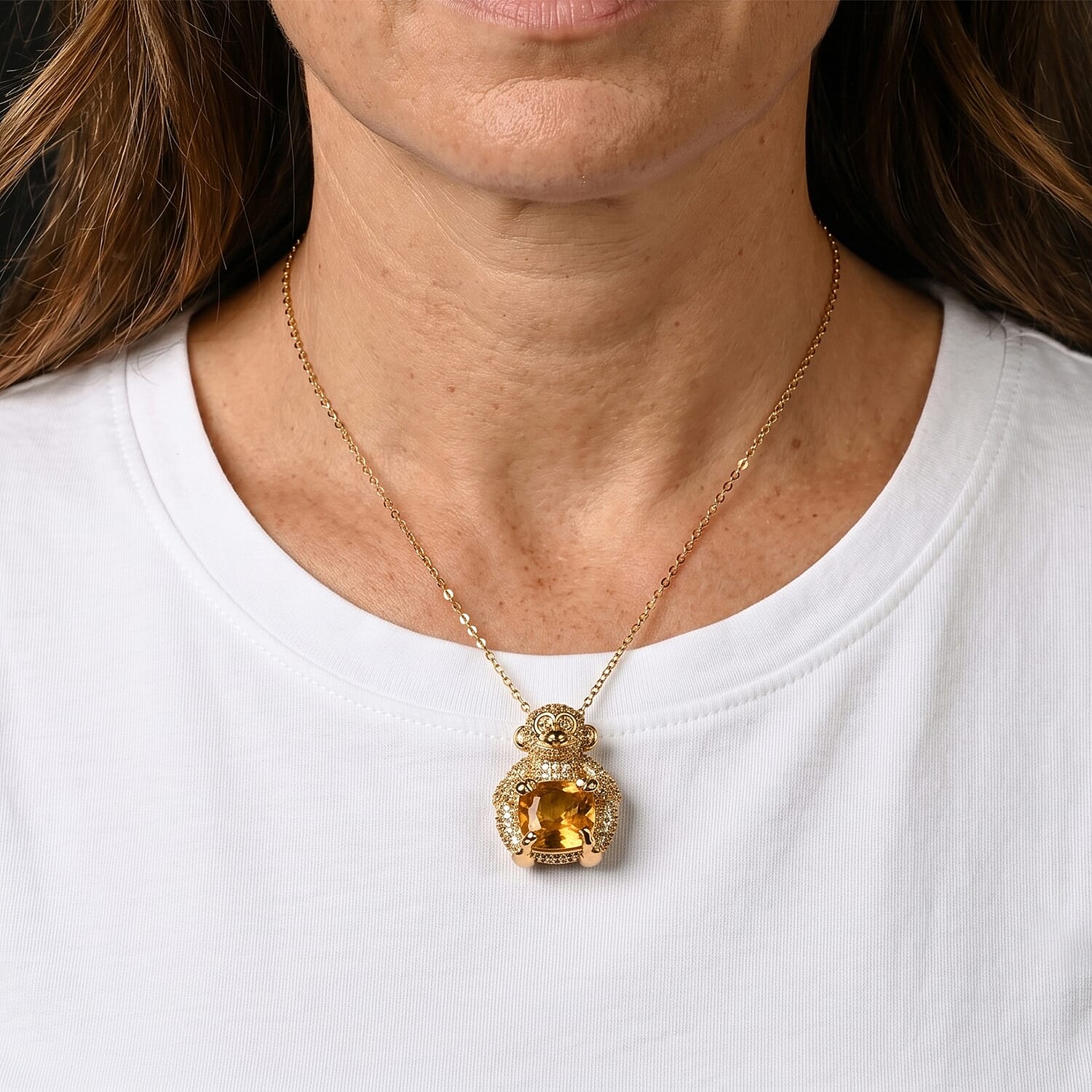 Simulated Citrine and Simulated Black Diamond 1.00 ctw Monkey with Baby Love Necklace (20-22 Inches) in Goldtone