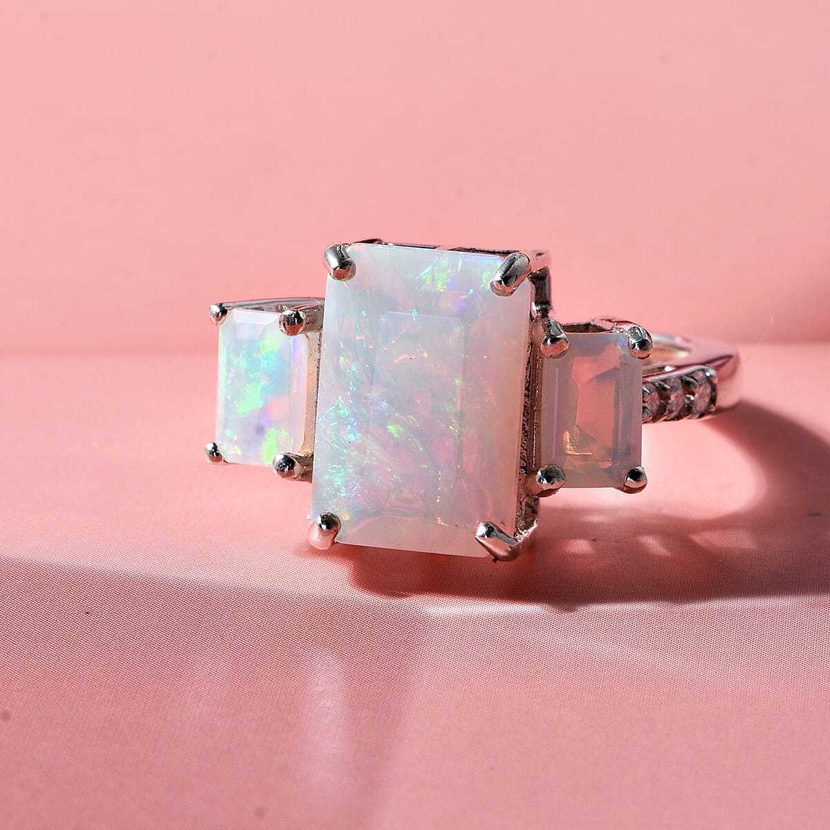 D'Joy Premium Ethiopian Welo Opal and Moissanite 3.00 ctw Aurora Prism Ring in Rhodium Over Sterling Silver (Size 10.0) image number 1