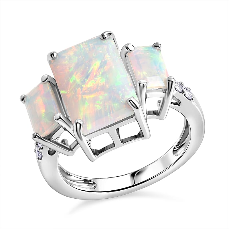 D'Joy Premium Ethiopian Welo Opal and Moissanite 3.00 ctw Aurora Prism Ring in Rhodium Over Sterling Silver (Size 6.0)