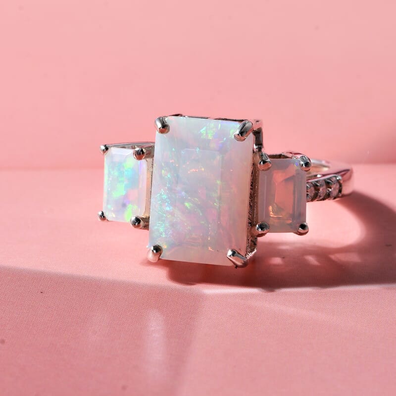 D'Joy Premium Ethiopian Welo Opal and Moissanite 3.00 ctw Aurora Prism Ring in Rhodium Over Sterling Silver (Size 6.0)