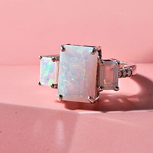 D'Joy Premium Ethiopian Welo Opal and Moissanite 3.00 ctw Aurora Prism Ring in Rhodium Over Sterling Silver (Size 8.0)