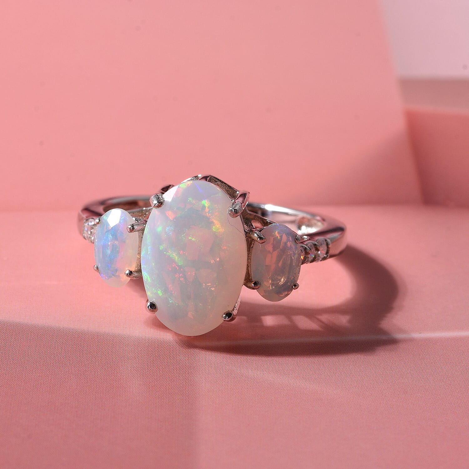 D'Joy Premium Ethiopian Welo Opal and Moissanite 2.30 ctw Aurora Prism Ring in Rhodium Over Sterling Silver (Size 6.0)