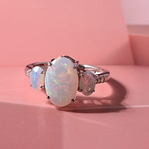 D'Joy Premium Ethiopian Welo Opal and Moissanite 2.30 ctw Aurora Prism Ring in Rhodium Over Sterling Silver (Size 6.0)