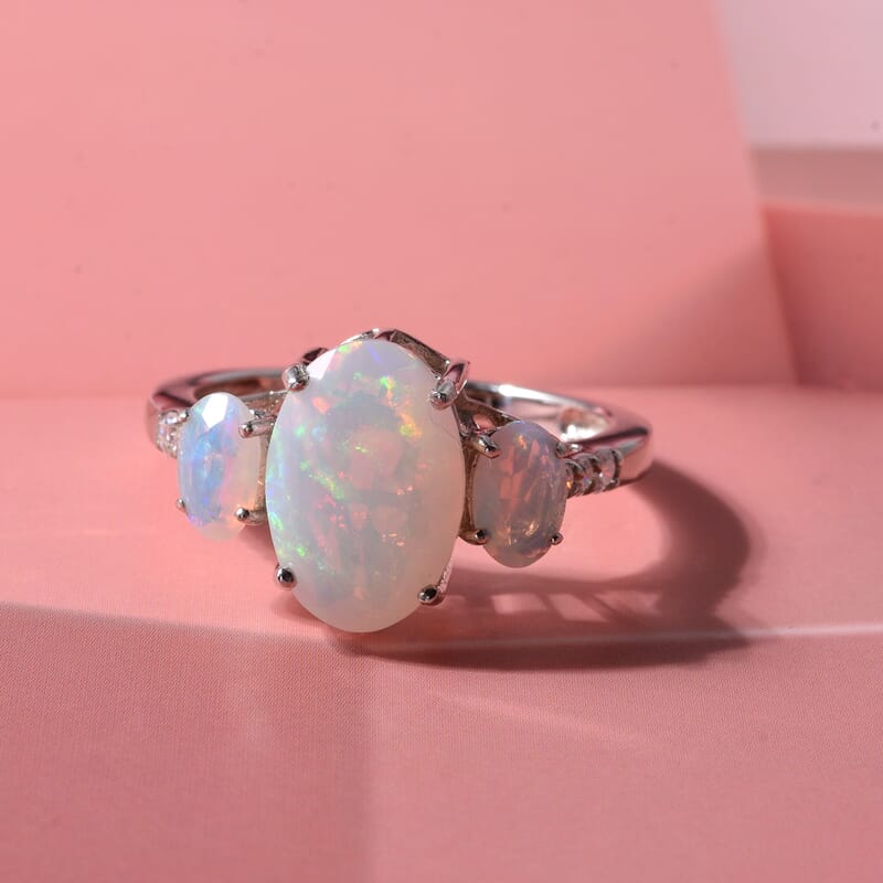 D'Joy Premium Ethiopian Welo Opal and Moissanite 2.30 ctw Aurora Prism Ring in Rhodium Over Sterling Silver (Size 6.0)