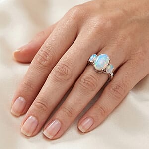 D'Joy Premium Ethiopian Welo Opal and Moissanite 2.30 ctw Aurora Prism Ring in Rhodium Over Sterling Silver (Size 8.0)