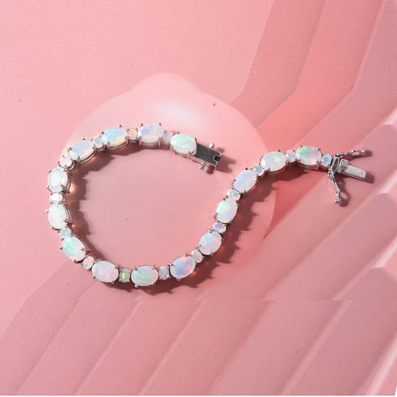 D'Joy Premium Ethiopian Welo Opal 11.40 ctw Aurora Prism Bracelet in Rhodium Over Sterling Silver (6.50 In)