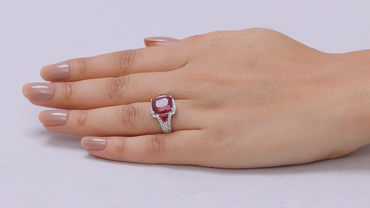 TLV D'Joy Niassa Ruby (FF), White Zircon Ring in Rhodium Over Sterling Silver (Size 10.0) 8.40 ctw