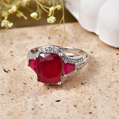 D'Joy Niassa Ruby (FF) and White Zircon 8.40 ctw Ethereal Radiance Ring in Rhodium Over Sterling Silver (Size 5.0)