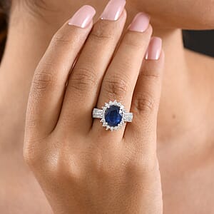 D'Joy AAA Kashmir Kyanite, Moissanite Royal Blue Blossom Ring in Rhodium Over Sterling Silver (Size 10.0) 5.40 ctw